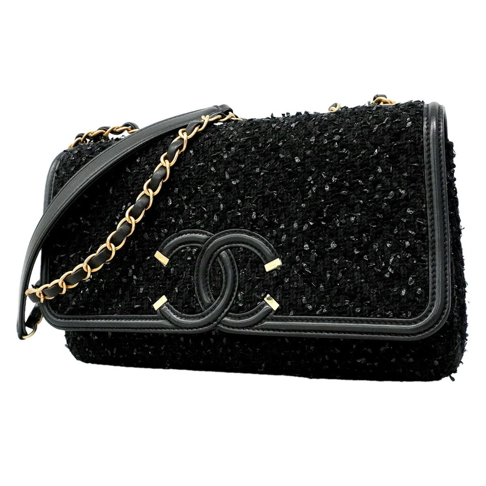 Chanel Shoulder Bag, Double Chain, CC Filigree Tweed, Black/Champagne, Women's